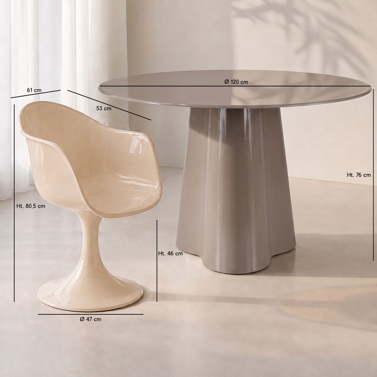 Table ronde Ø120cm avec plateau en verre et 4 fauteuils GLAM couleur unique, NOW'S HOME