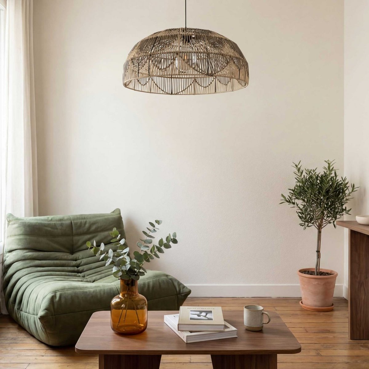 Suspension bicolore en rotin et métal, ALPA beige & gris anthracite, C-CREATION