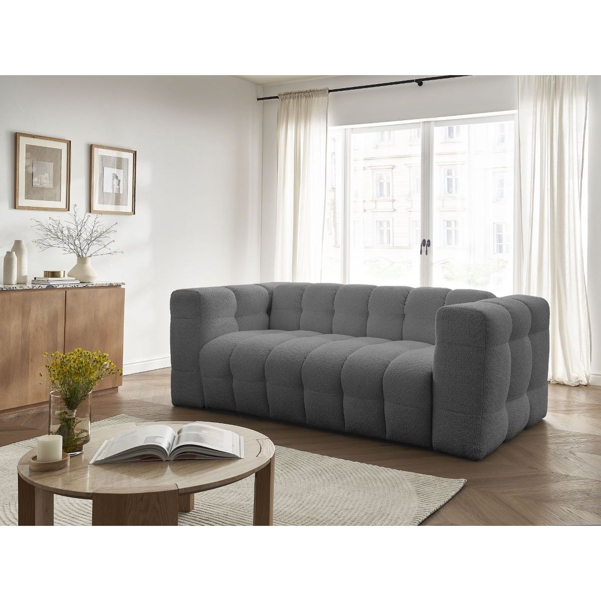 Canapé droit convertible 3 places en tissu bouclette, CLOUD gris foncé, BOBOCHIC