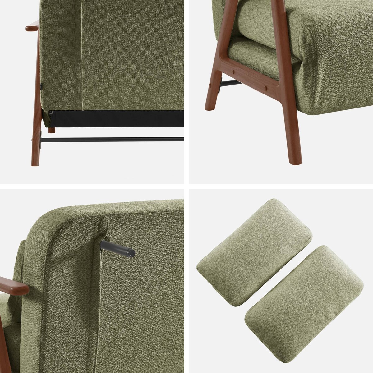 Banquette canapé convertible 2 places bois d'hévéa teinté noyer clair et bouclette texturée SVEN kaki, SWEEEK