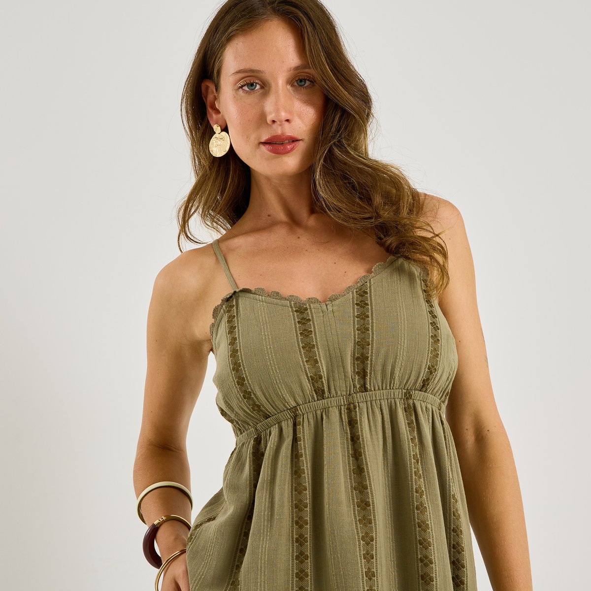 Robe bohème longue à bretelles vert kaki, GRAIN DE MALICE