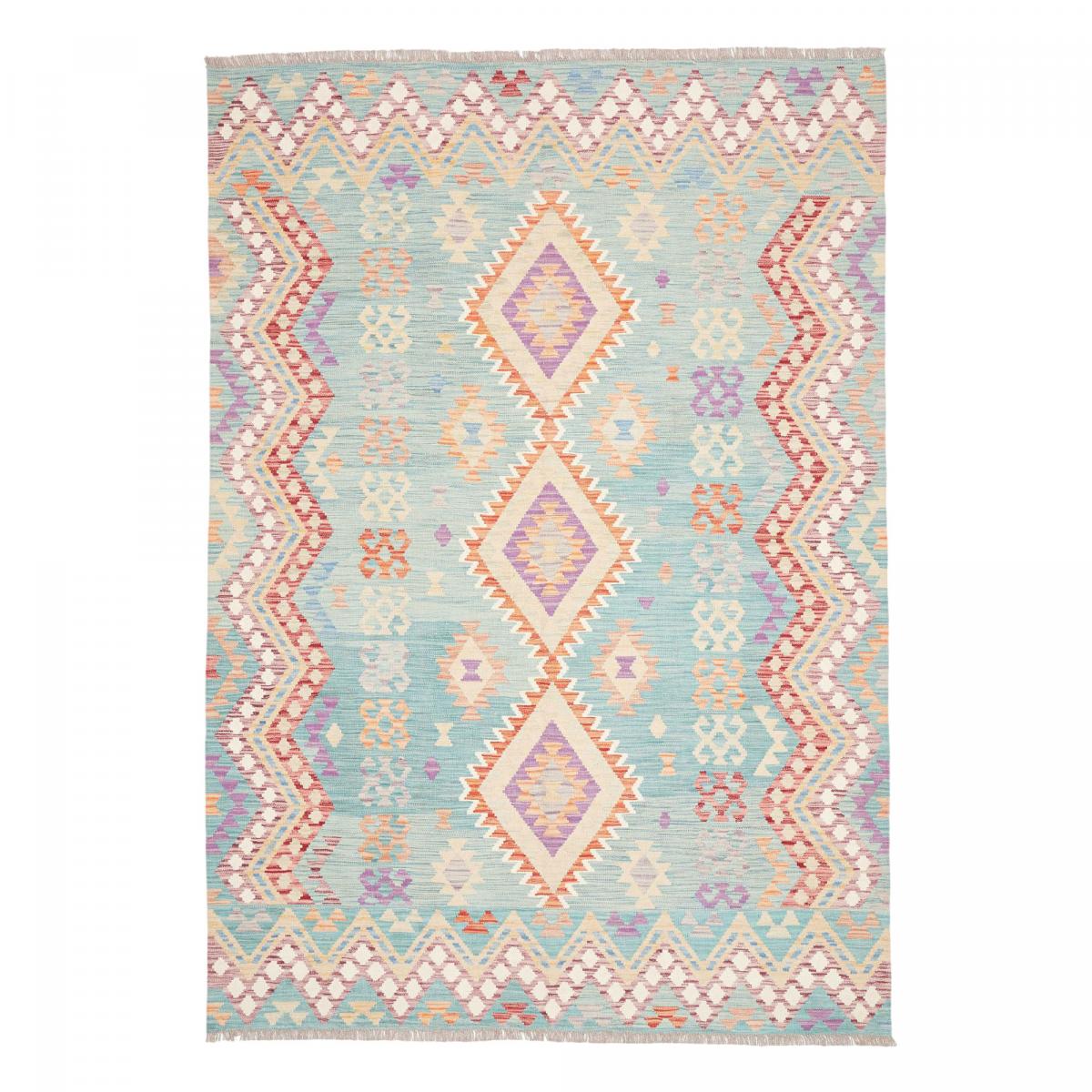 Tapis d'orient géométrique, tissé plat authentique, KILIM 21 bleu, multicolore, orange, UN AMOUR DE TAPIS