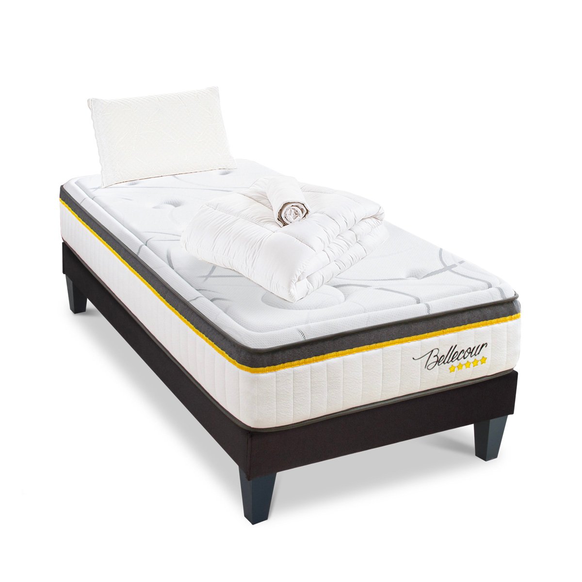 BELLECOUR LITERIE Pack Bellecour 3.0 90x190 cm Matelas Ressorts + Sommier Bois + Accessoires blanc, BELLECOUR