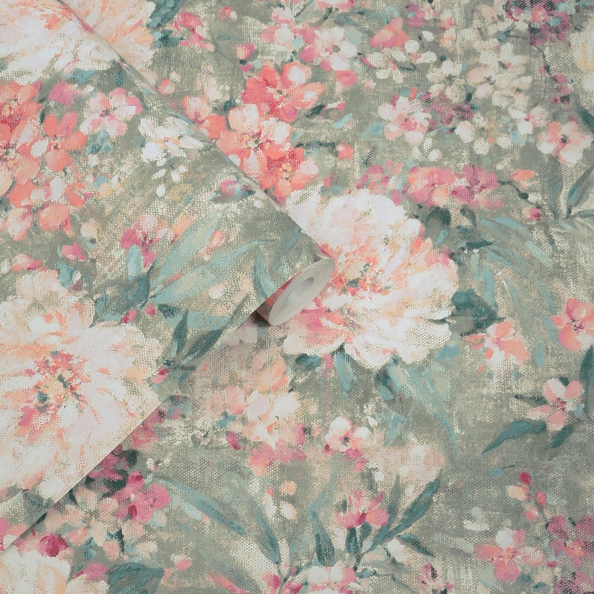 Papier peint fleuri bouquets éclos Mayville rose, vert, LAURA ASHLEY