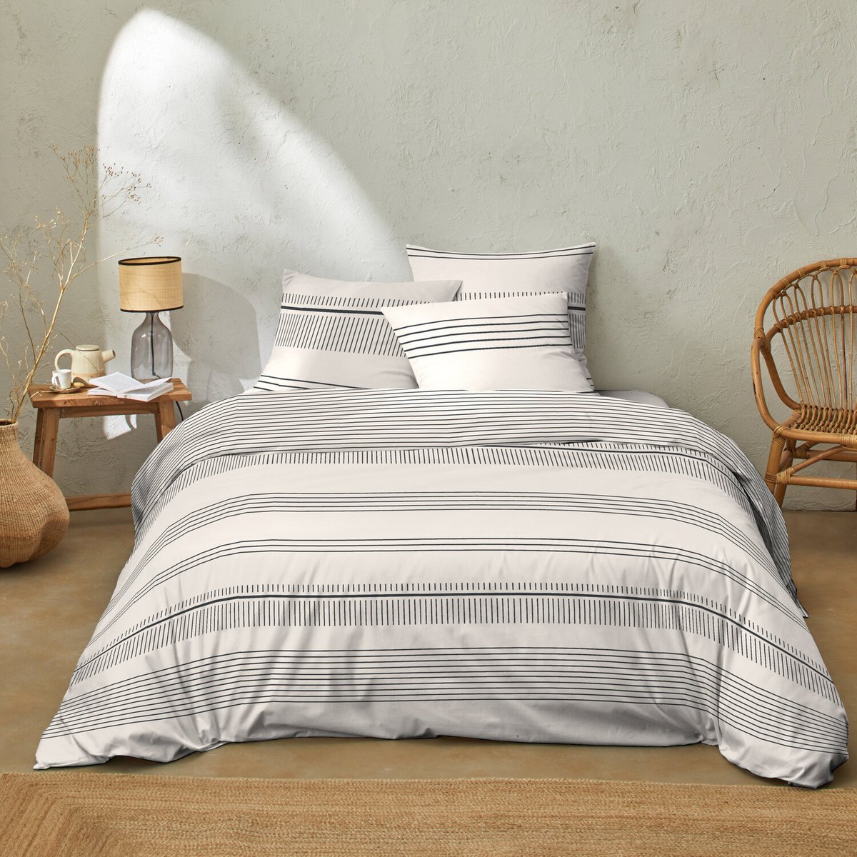 Parure housse de couette coton imprimés, hugo ecru ficelle, C DESIGN HOME TEXTILE