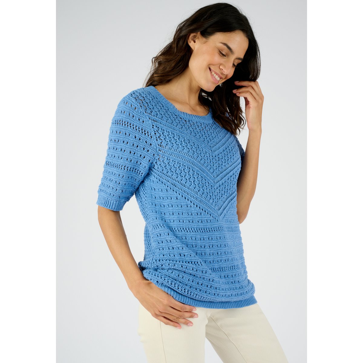 Pull maille fantaisie pur coton bleu, DAMART