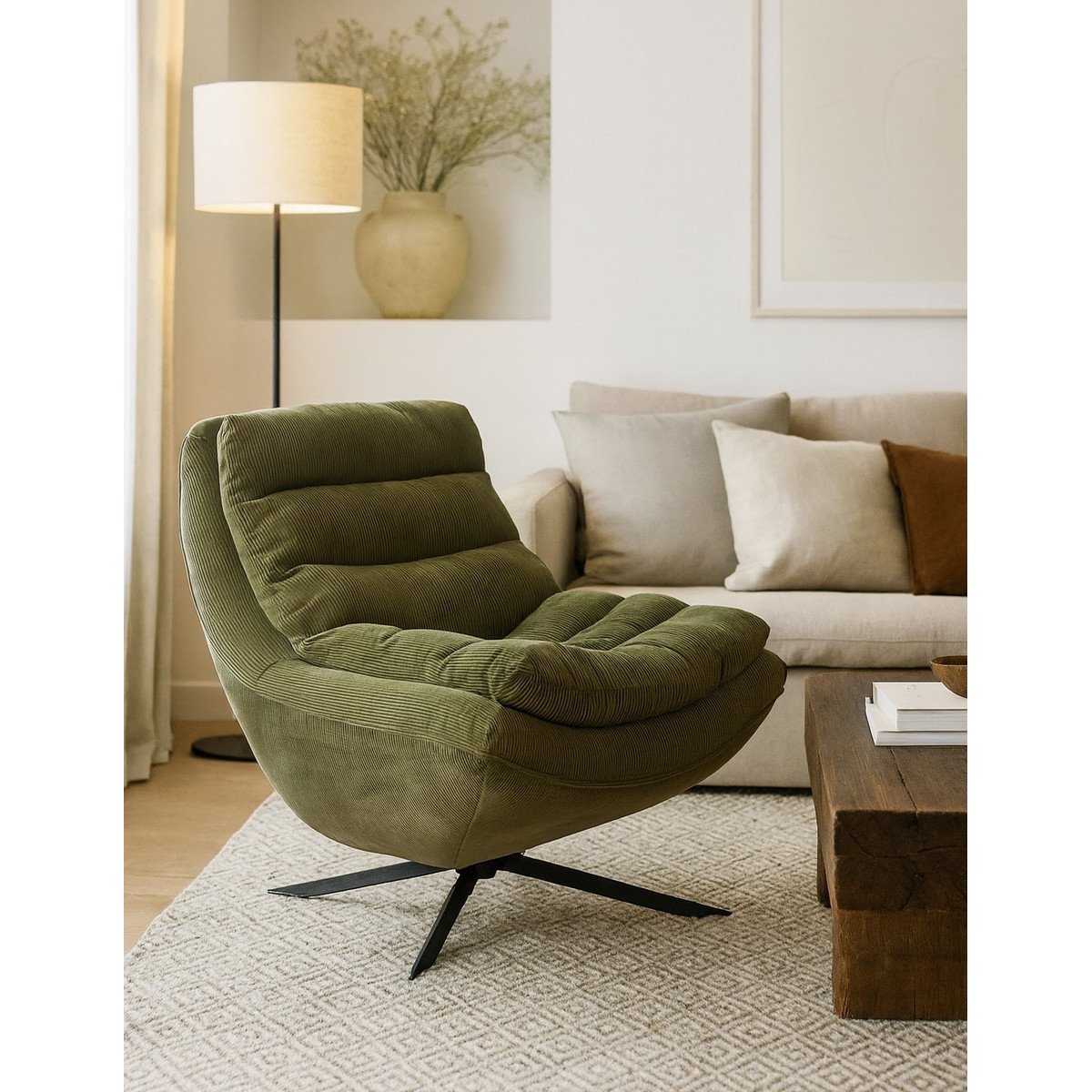 Fauteuil lounge pivotant en velours - VINCE vert, DUTCHBONE