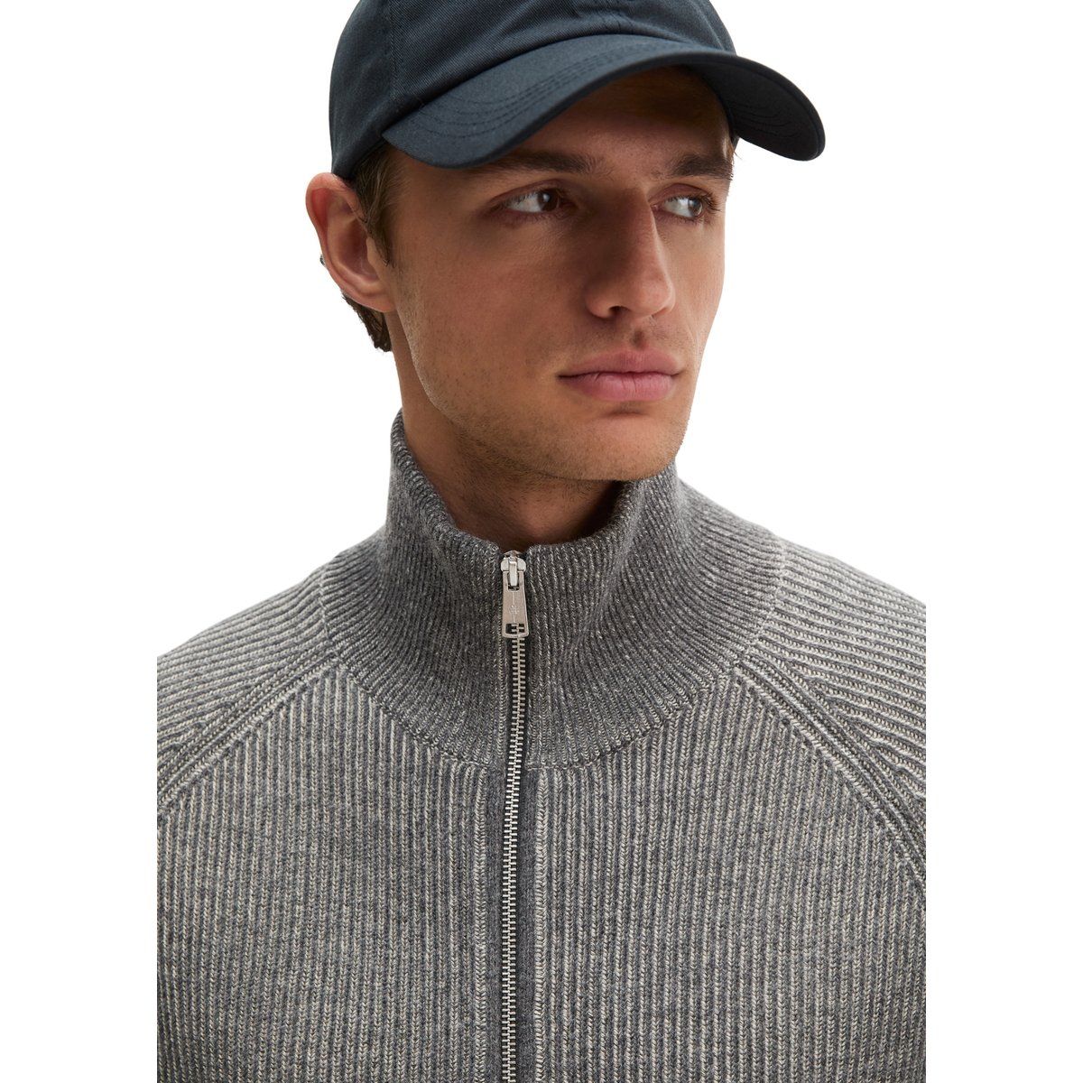 Cardigan à col montant, coupe régulière en mélange de coton bio et de laine vierge gris, MARC O'POLO