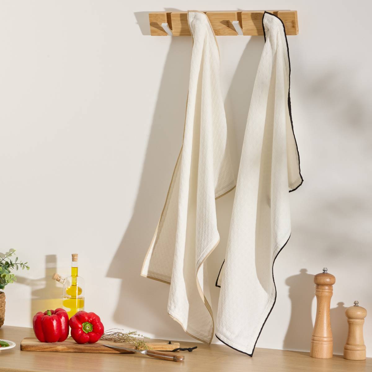 Lot de 2 torchons en coton WAFFLE blanc, ATMOSPHERA