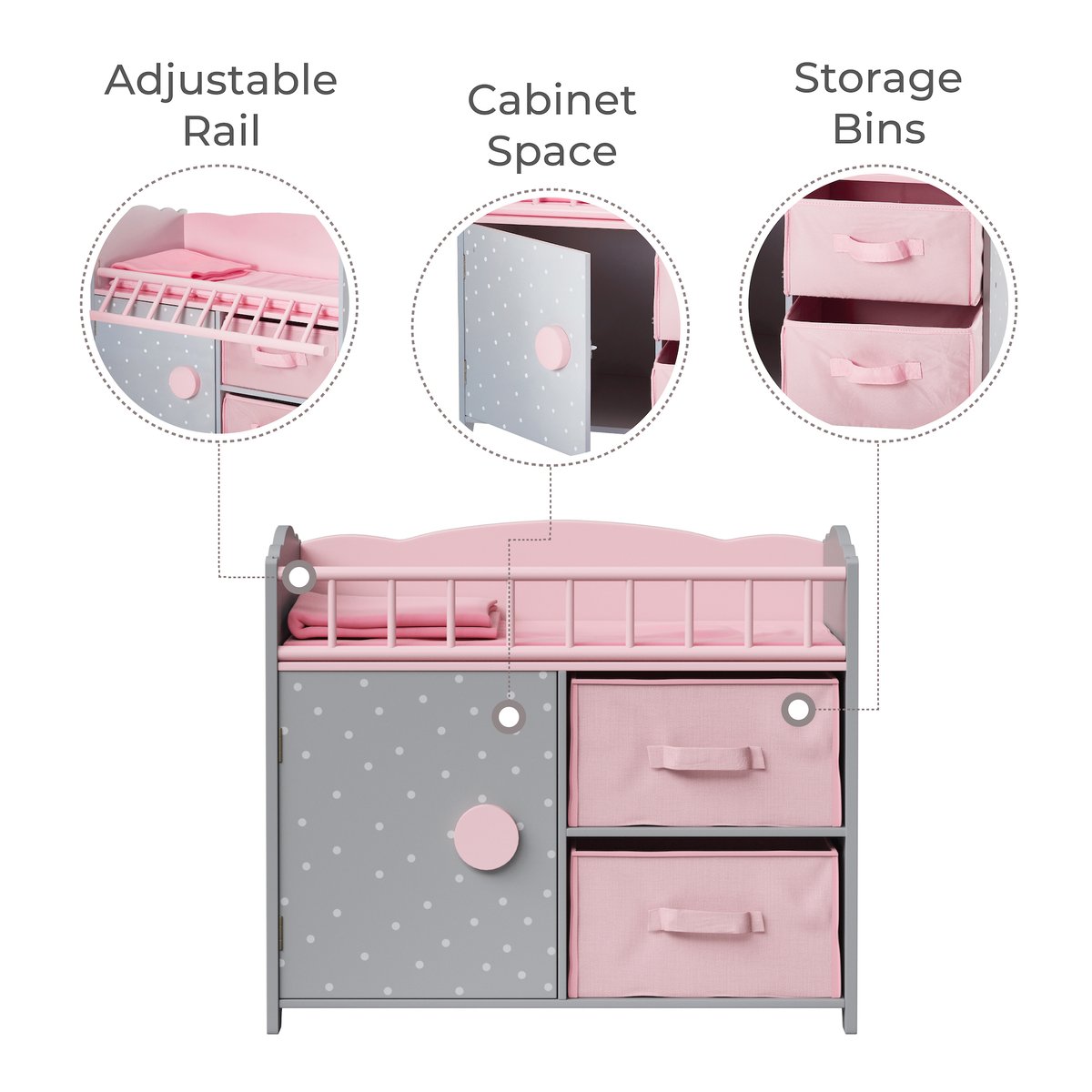Berceau poupée avec rangement, Bois, POLKA DOTS PRINCESS rose, TEAMSON KIDS