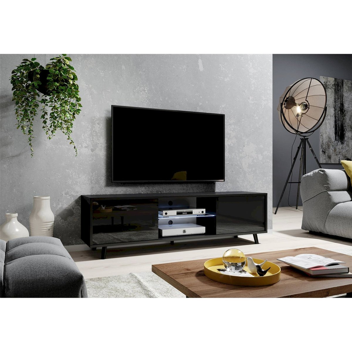 Meuble tv avec niche éclairée collection LEFYR noir mat, RECOLLECTION