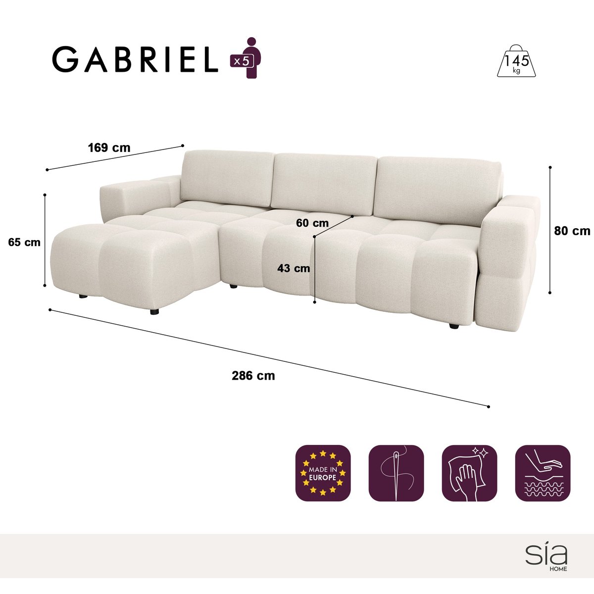 Canapé d'angle gauche convertible coffre 5 places en velours GABRIEL taupe, SIA HOME