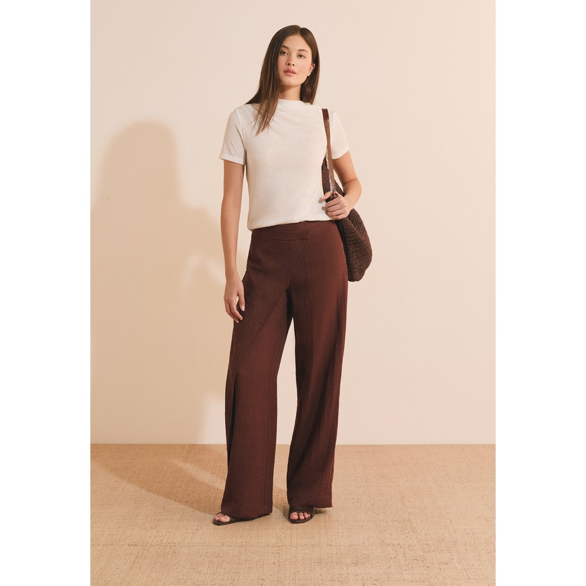 Pantalon large asymétrique PRISCA chocolat, ETAM