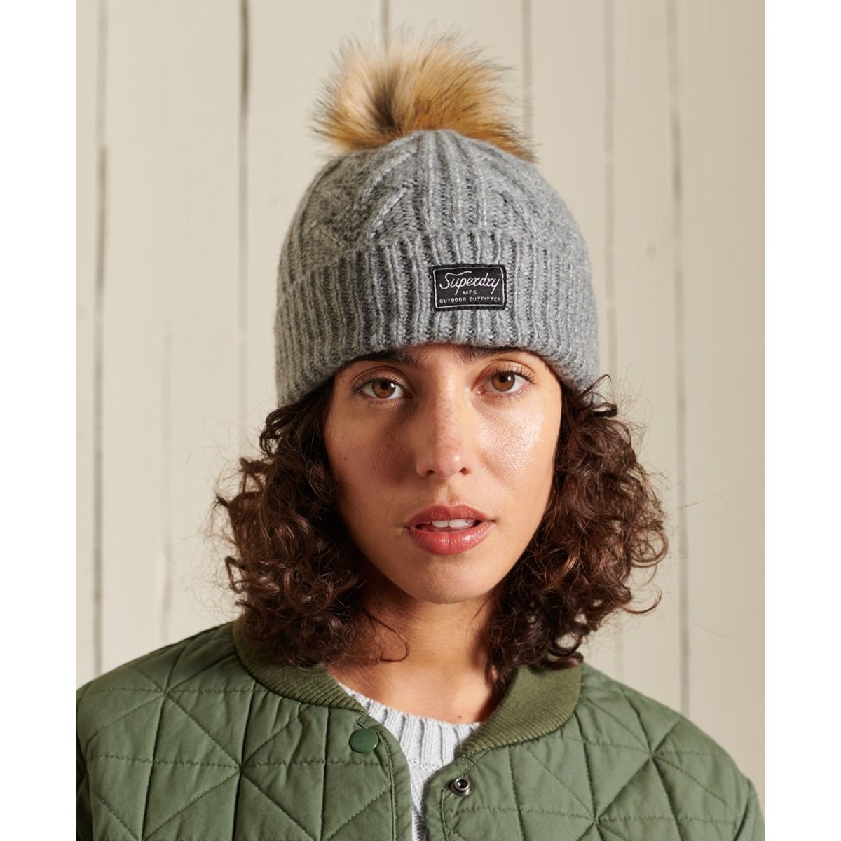 Bonnet en maille torsadée Lux gris clair chiné, SUPERDRY