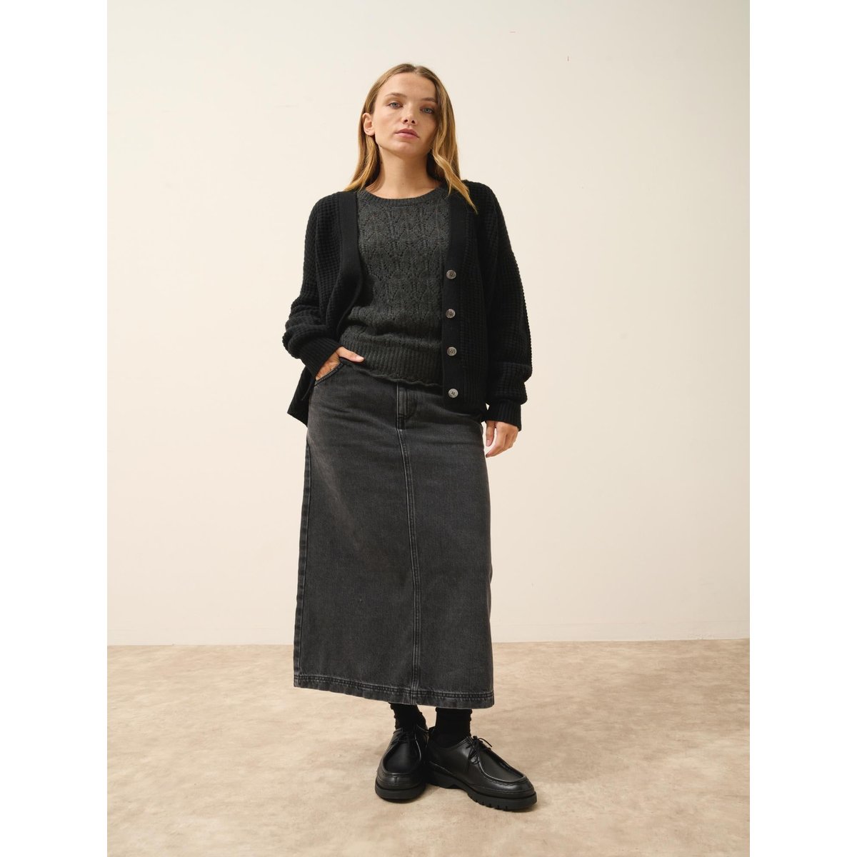 Cardigan Col V 6 Fils Noir Clara noir, JUST CASHMERE