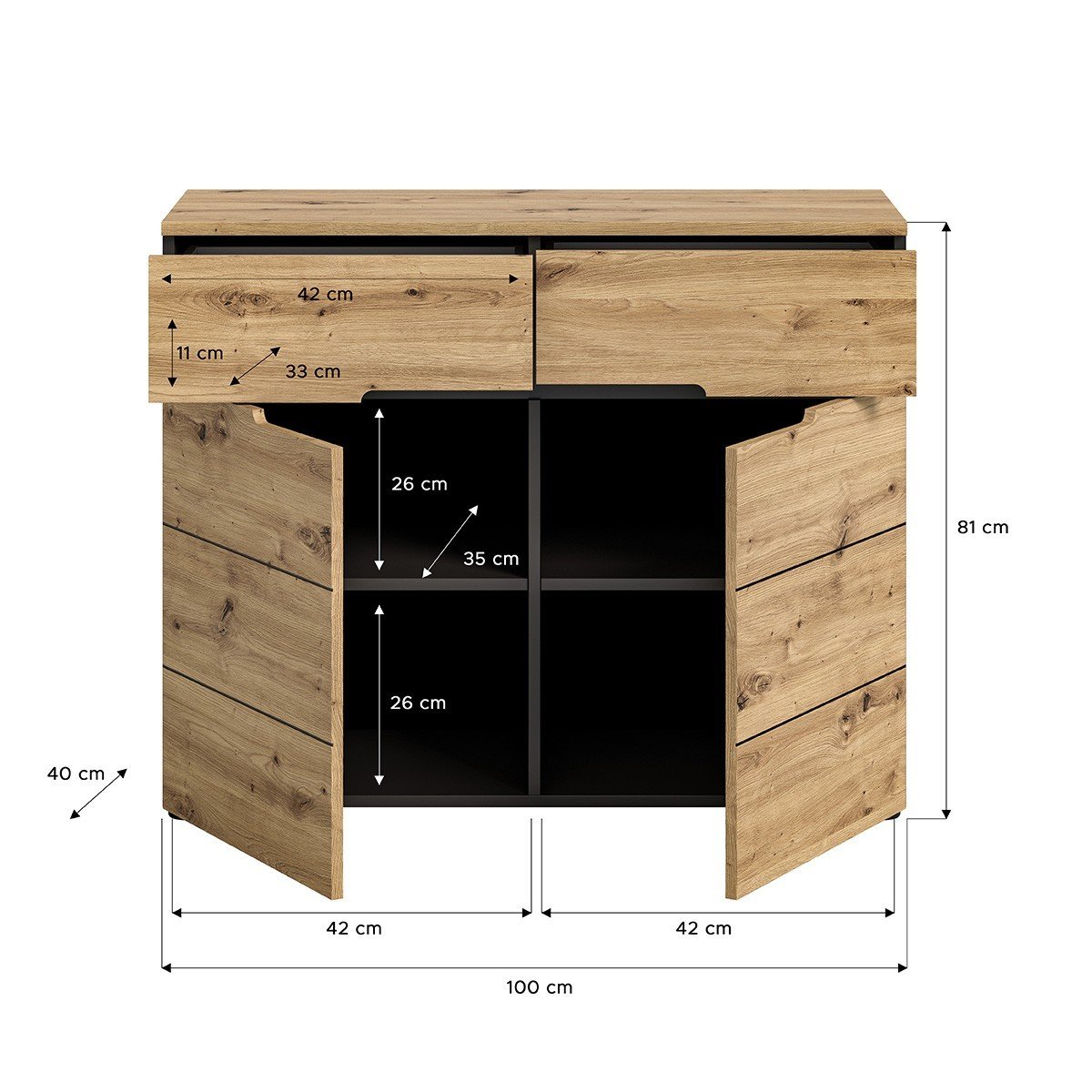 Commode 2 portes et 2 tiroirs L100 cm - CANU bois clair, CALICOSY
