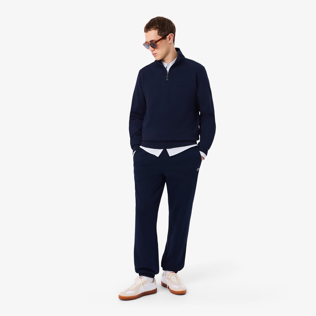 Sweatshirt col montant zippé marquage embossé bleu-166, LACOSTE