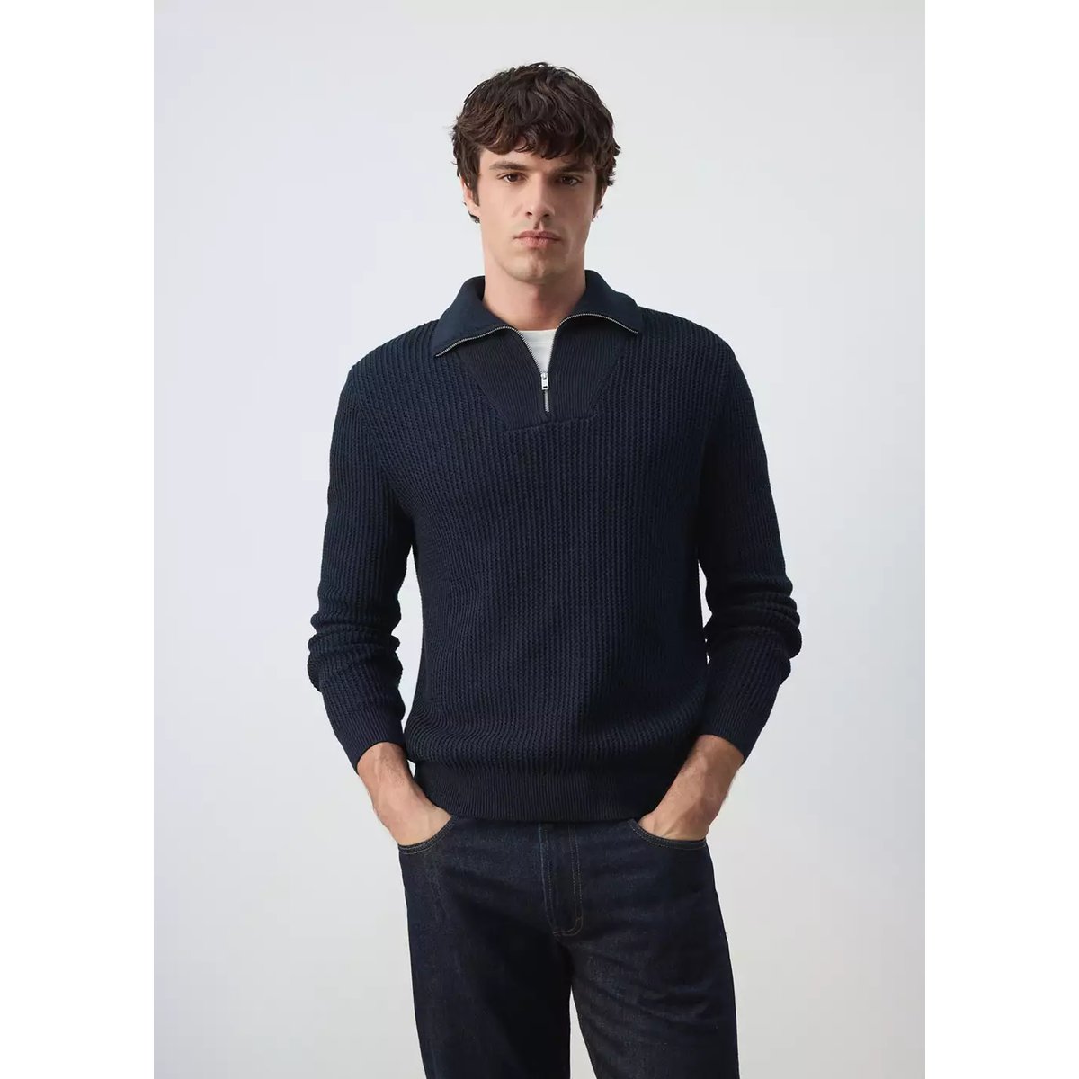 Pull polo 100 % coton côtelé fermeture éclair bleu marine, MANGO MAN
