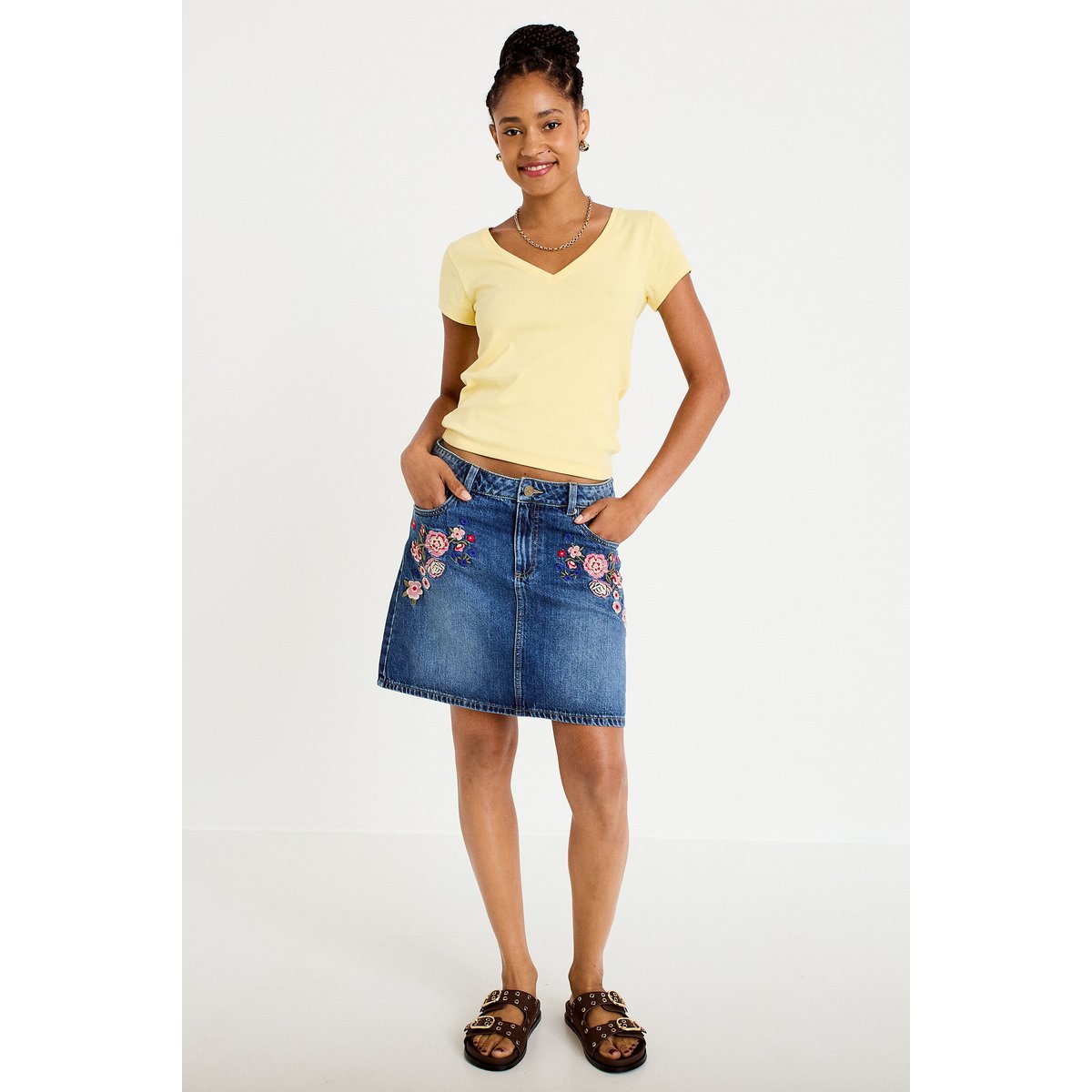 Jupe droite courte en jean denim stone, CACHE CACHE