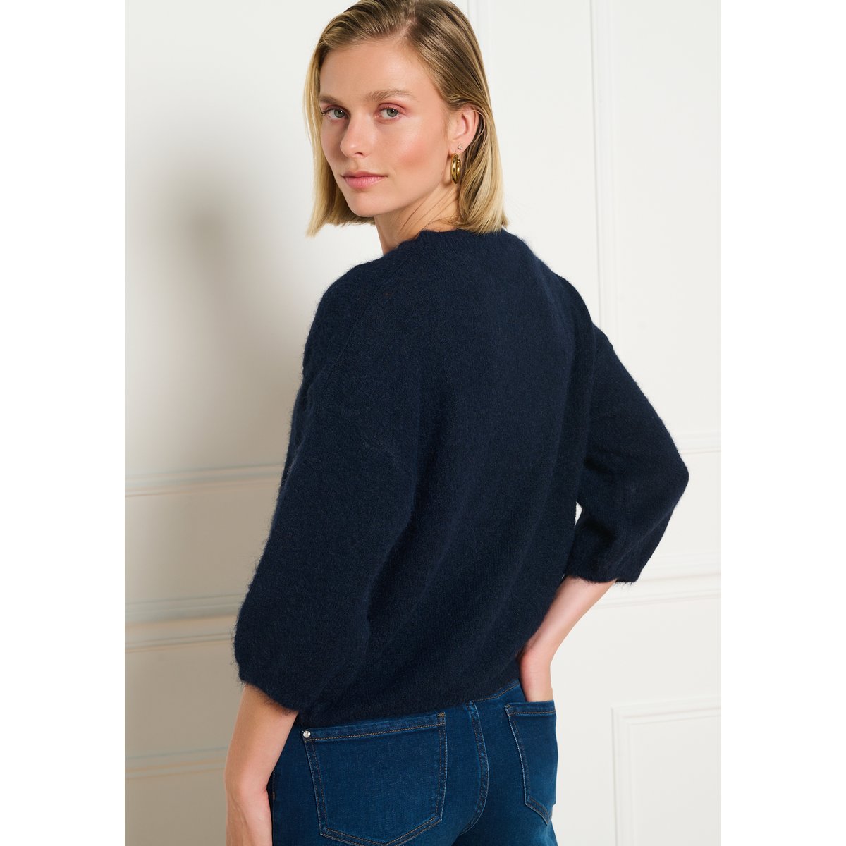Pull jacquard fleuri bleu marine, LOLALIZA