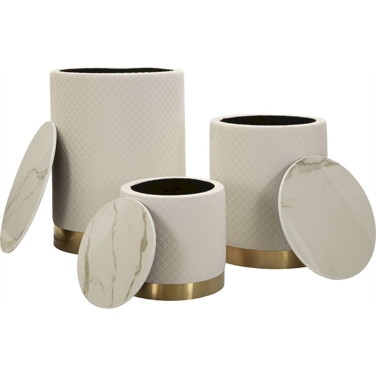 Set de 3 tables coffres plateau effet marbre GLAM crème et or, RECOLLECTION