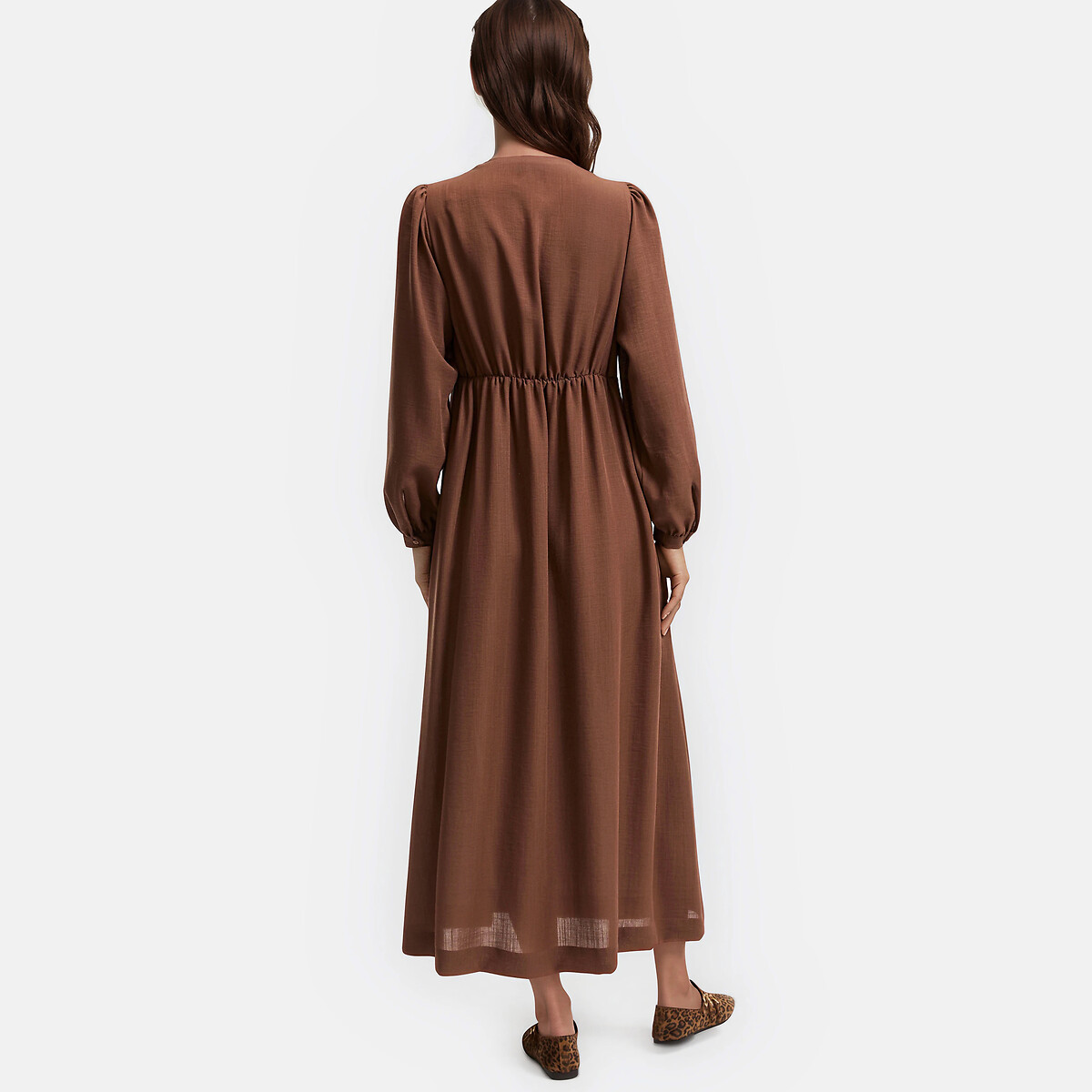 Vestido comprido com decote em V e mangas compridas castanho, LA REDOUTE COLLECTIONS