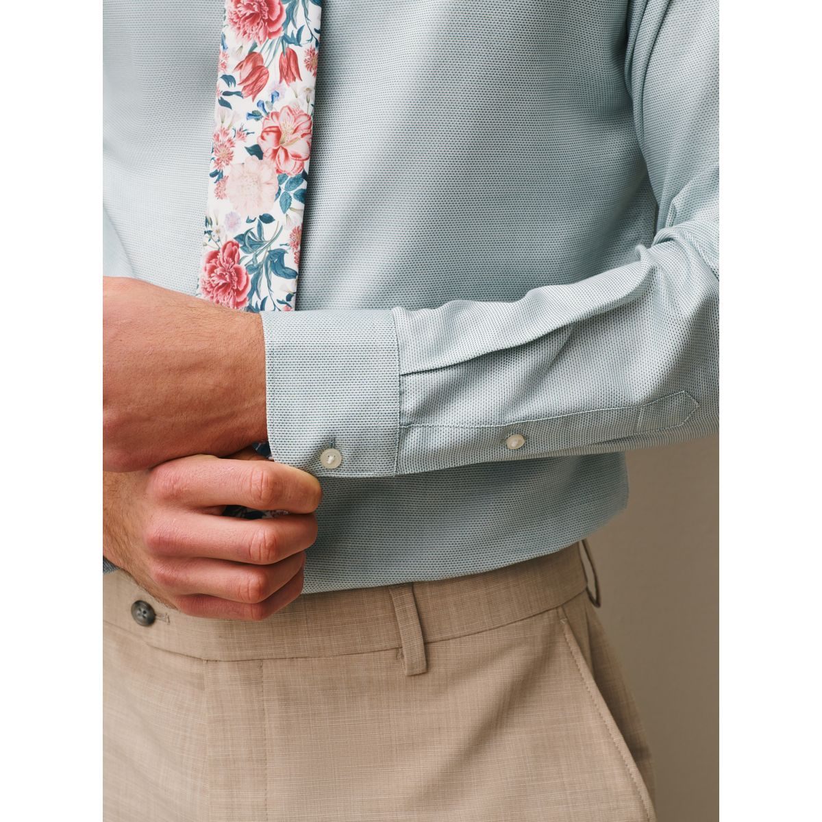 Chemise coton, cravate et pochette vert d'eau/rose floral, NEXT
