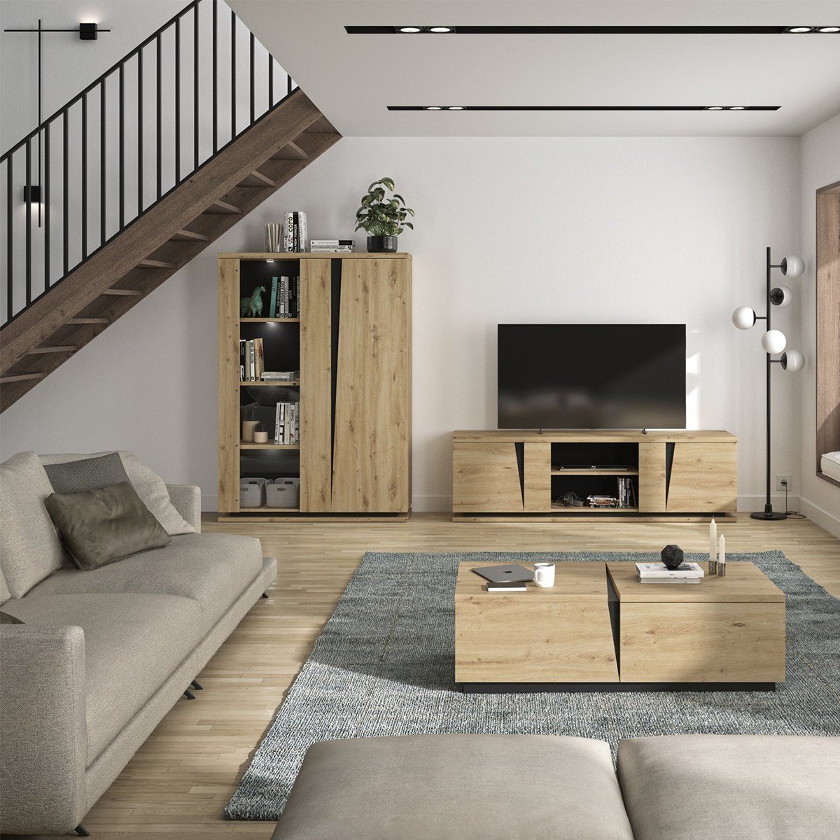Ensemble vaisselier 2 portes avec éclairage avec table à manger extensible et table basse 1 tiroir Crack - Fabrication Française bois clair, CALICOSY