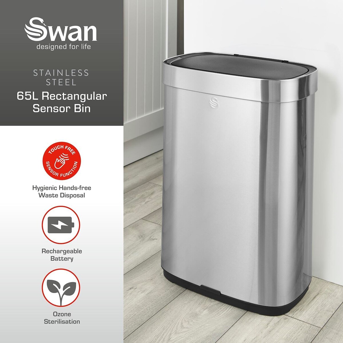 65L Rectangular Sensor Bin silver-coloured, SWAN