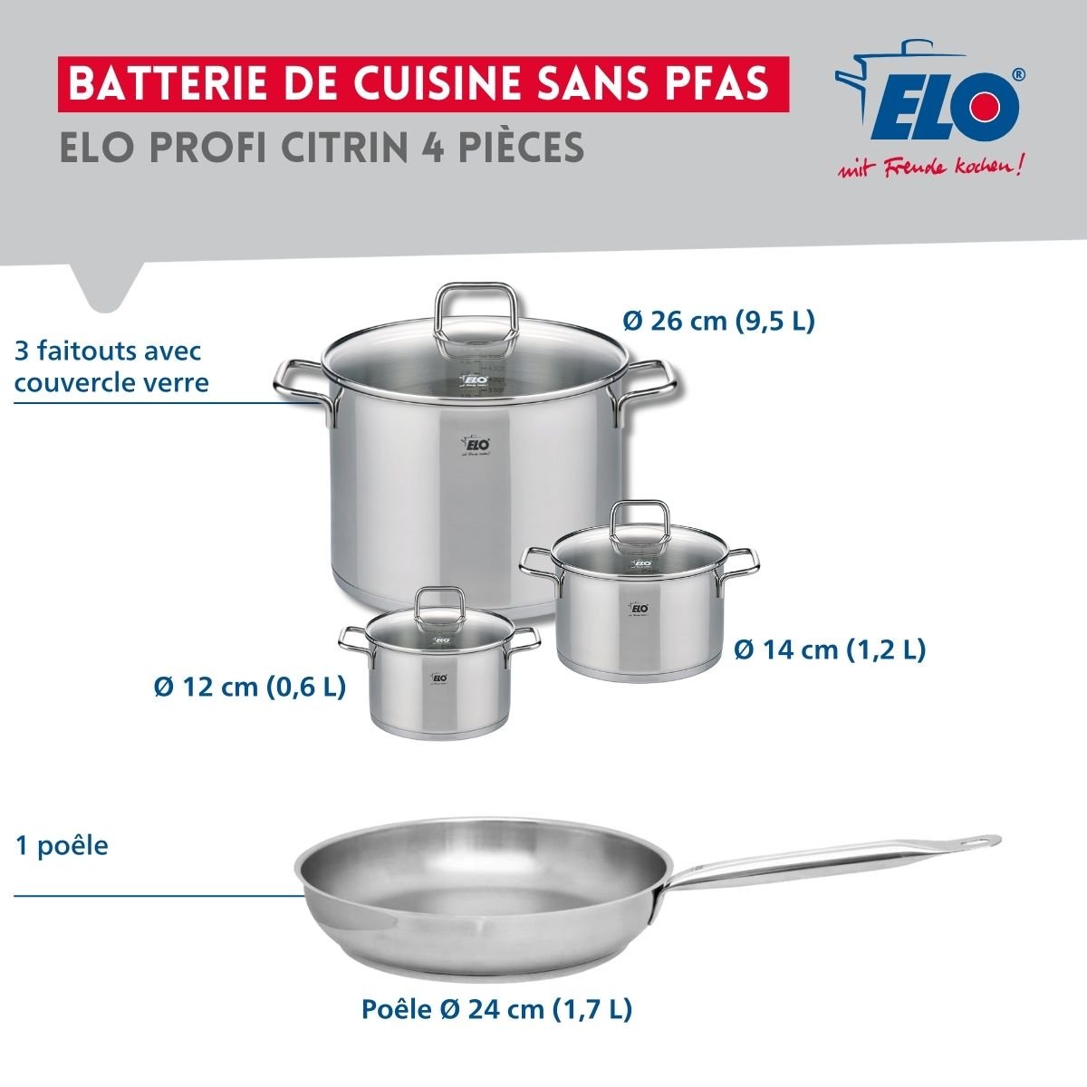 Batterie 1 poêle 24cm + 3 faitouts 12/14/26cm PROFI CITRIN gris, ELO