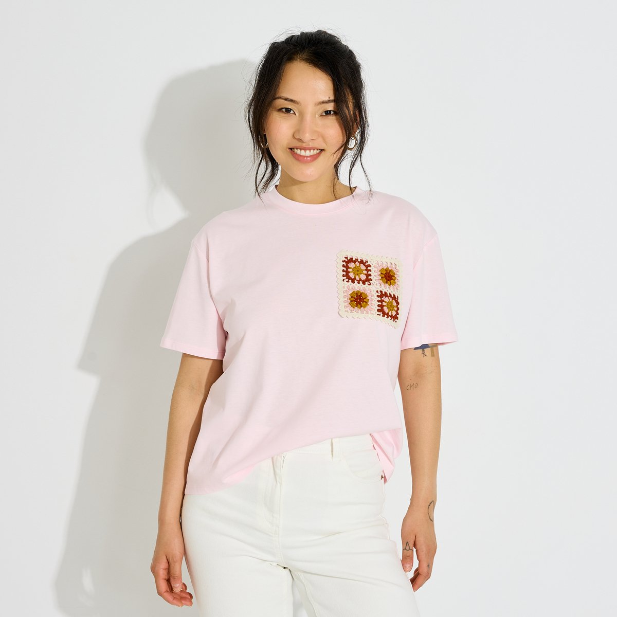 T-shirt col rond détail crochet rose, GRAIN DE MALICE