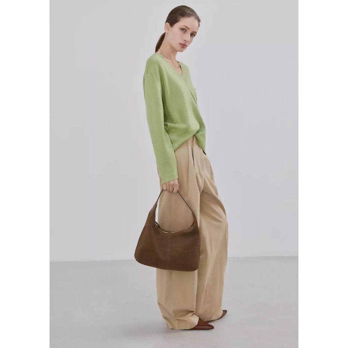 Pull-over maille col en V vert, MANGO
