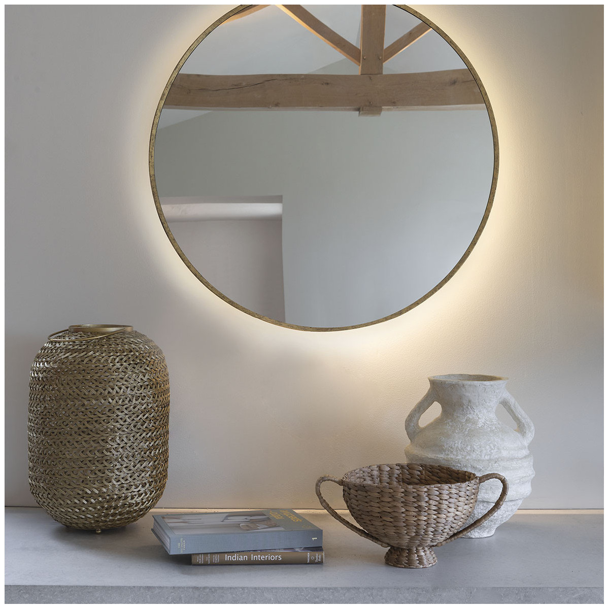 Miroir rond avec LED, métal fnition laiton dia 91 laiton, BLANC D’IVOIRE
