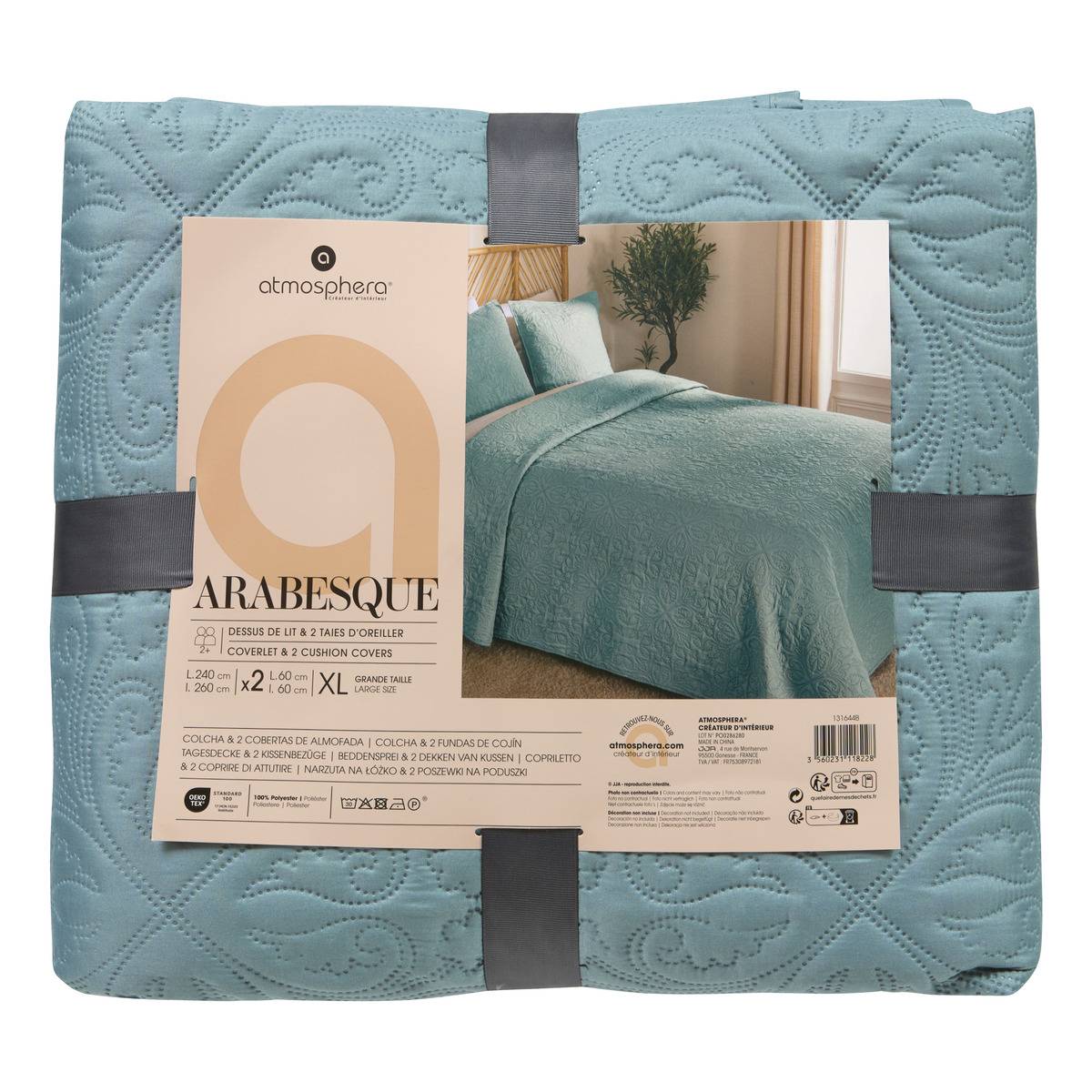 Dessus de lit réversible avec taies ARABESQUE bleu minéral, ATMOSPHERA