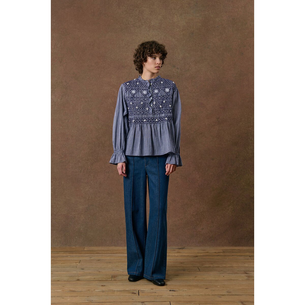 Blouse à carreaux et smocks col rond, ILEANA indigo, LOUISE MISHA
