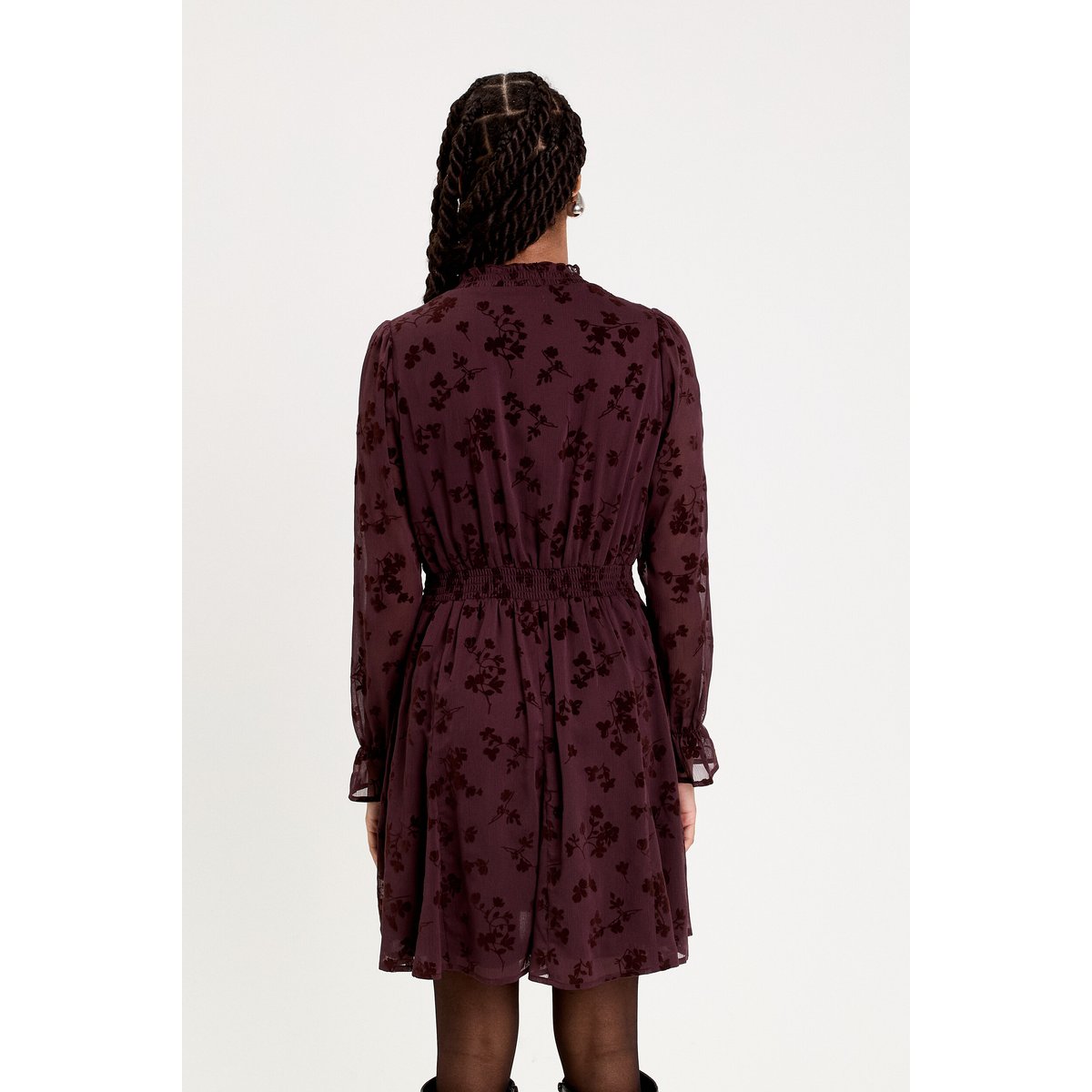 Robe courte évasée col v manches longues marron cognac, CACHE CACHE