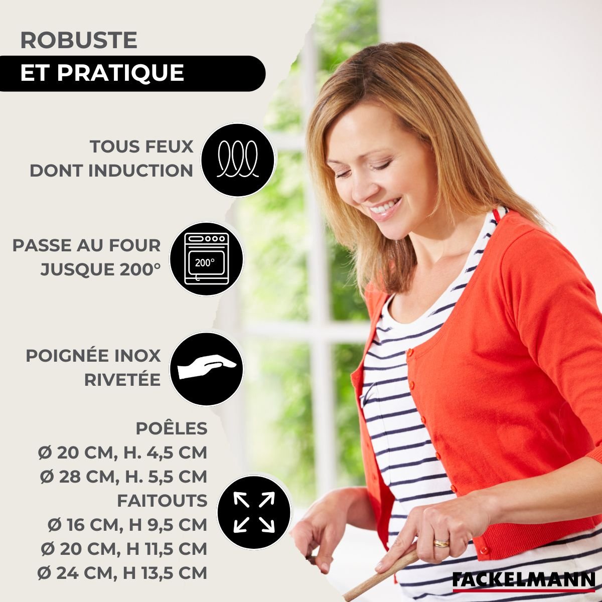 Batterie 2 poêles 20/28cm + 3 faitouts 16/20/24cm ETERNA inox, FACKELMANN