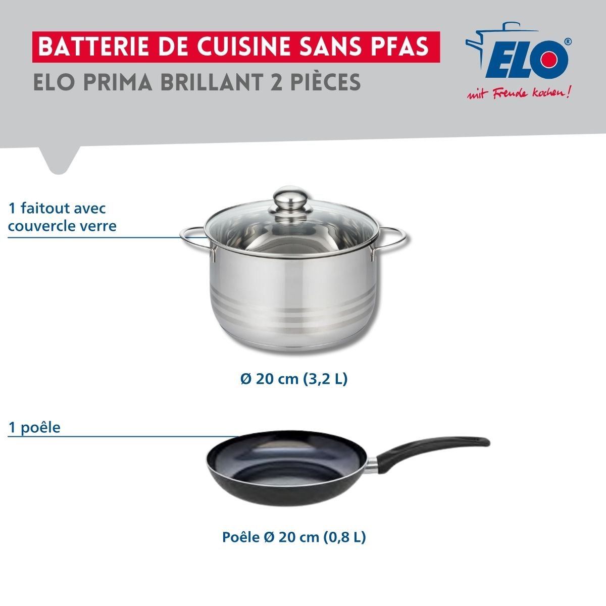 Batterie de cuisine 1 poêle 20cm + 1 faitout 20cm PRIMA BRILLANT noir, ELO