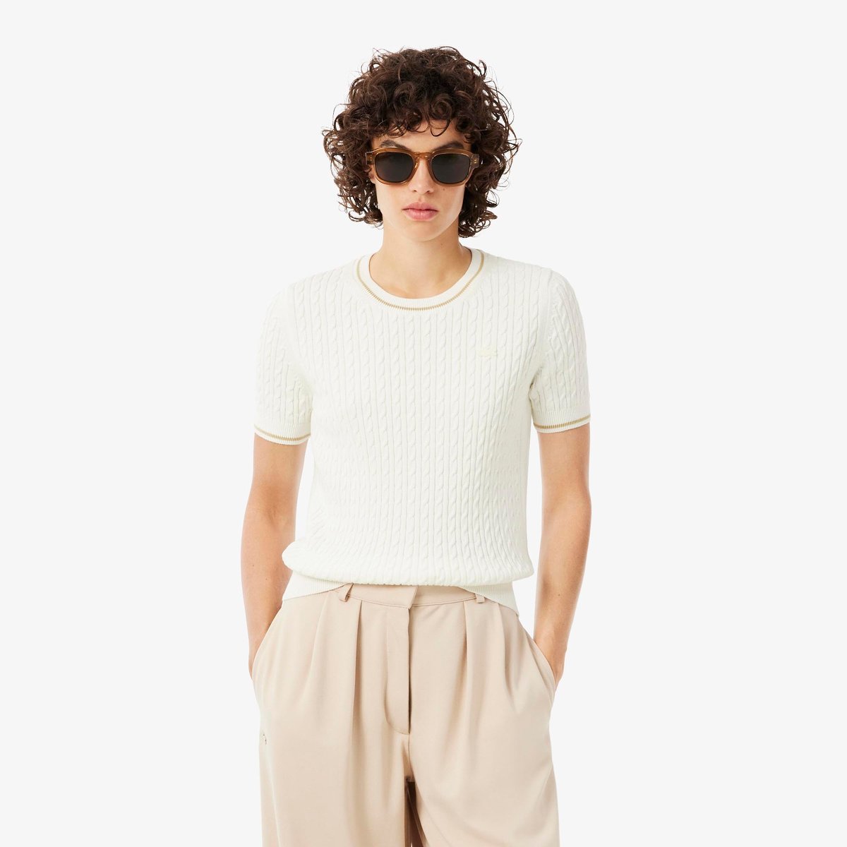 Pull manches courtes maille torsadée blanc-70v, LACOSTE