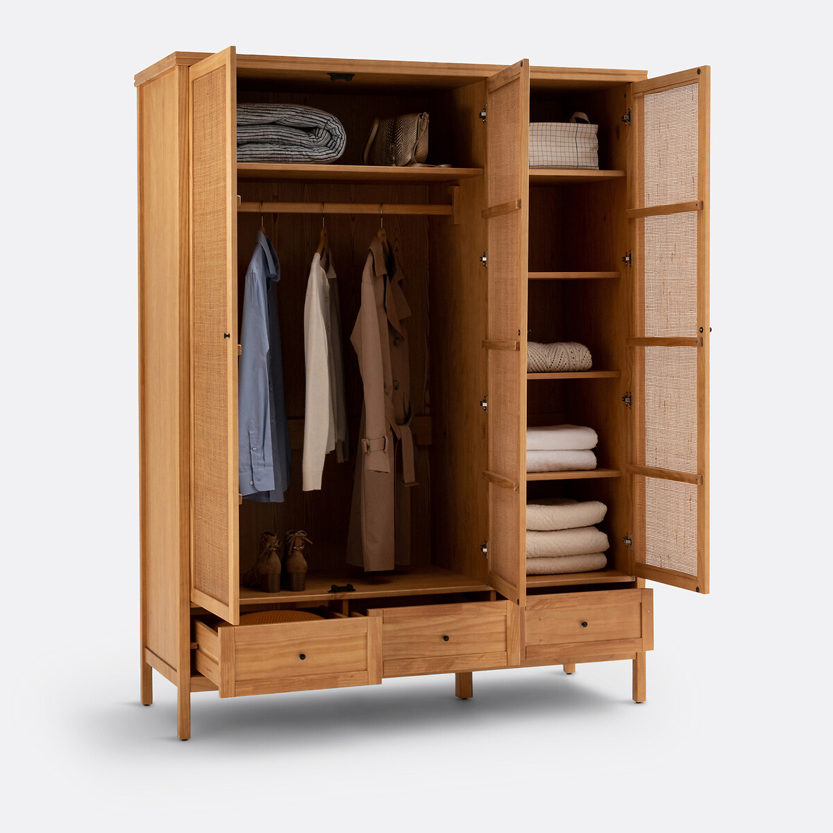 Armoire 3 portes pin massif et cannage, Gabin naturel, LA REDOUTE INTERIEURS