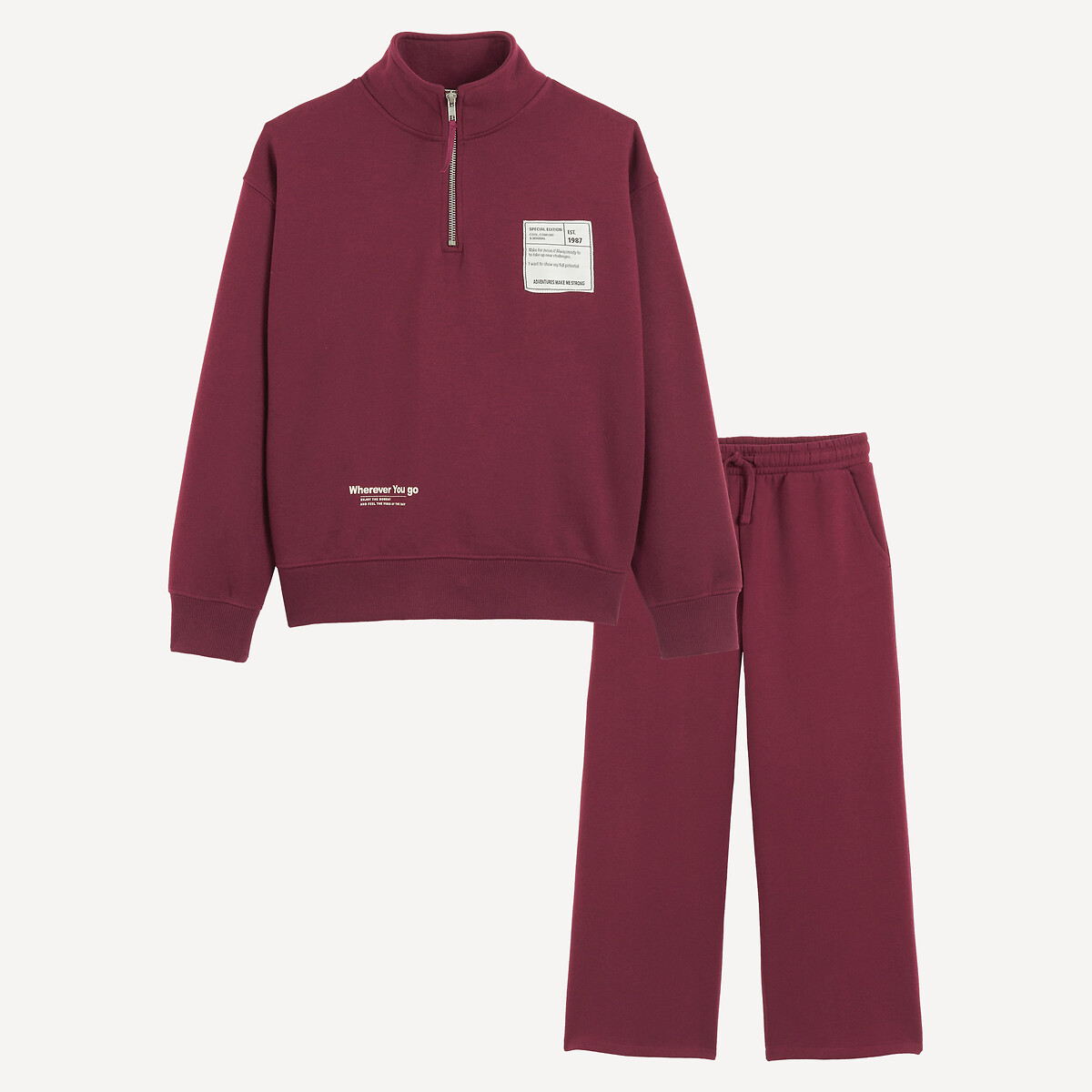 Ensemble 2 pièces, sweat col camionneur et pantalon de jogging, en molleton bordeaux, LA REDOUTE COLLECTIONS