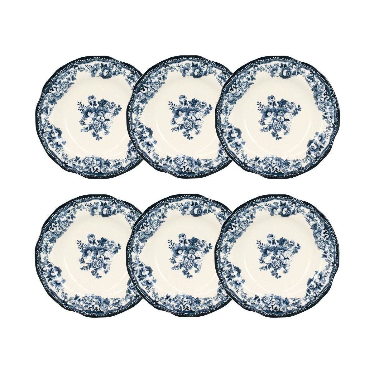 Lot de 6 assiettes creuses en grès 22cm, FAUSTINE bleu, NOVASTYL