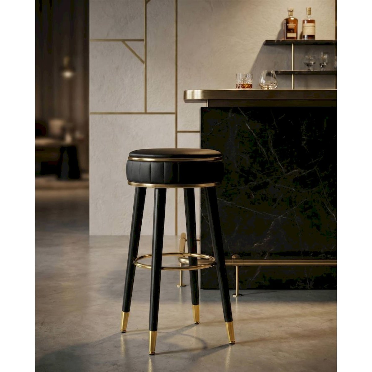 Tabouret de bar rond rembourré vintage GLAM noir et doré, RECOLLECTION