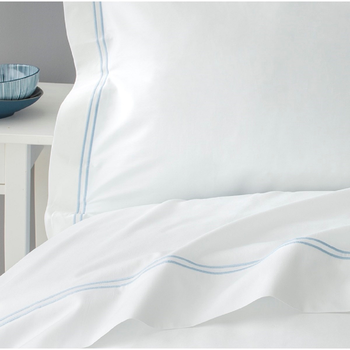 Drap plat satin de coton égyptien ELEGANCE bleu ciel, MPC MAISON
