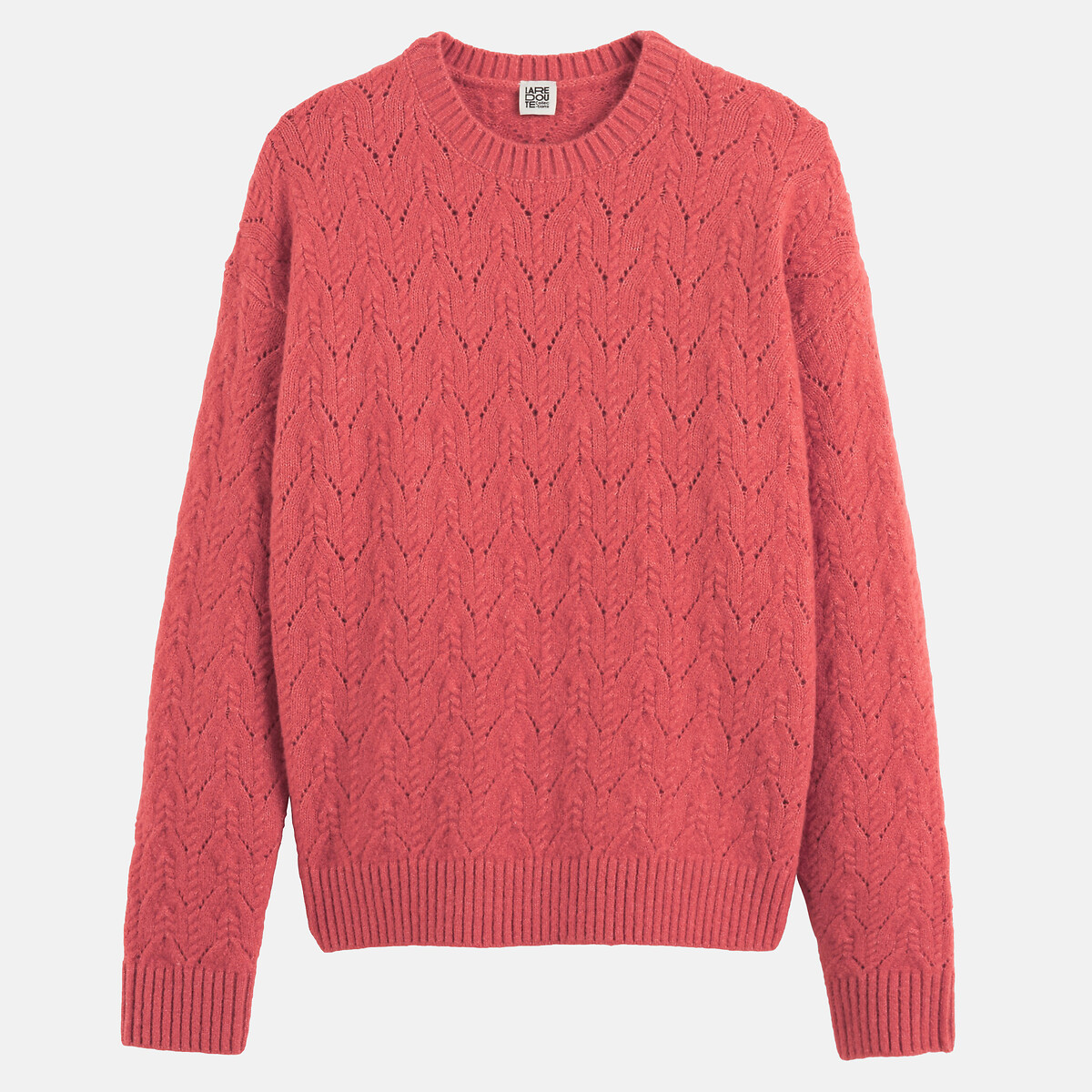 Openwork Cable Knit Crew Neck Jumper pink, LA REDOUTE COLLECTIONS