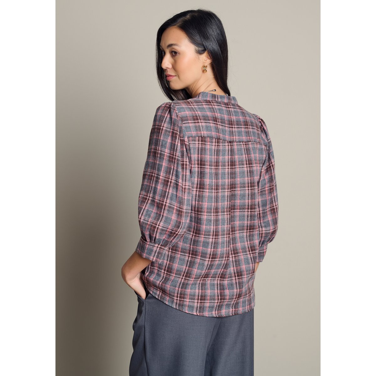 Blouse à carreaux manches ballon gris clair, LOLALIZA