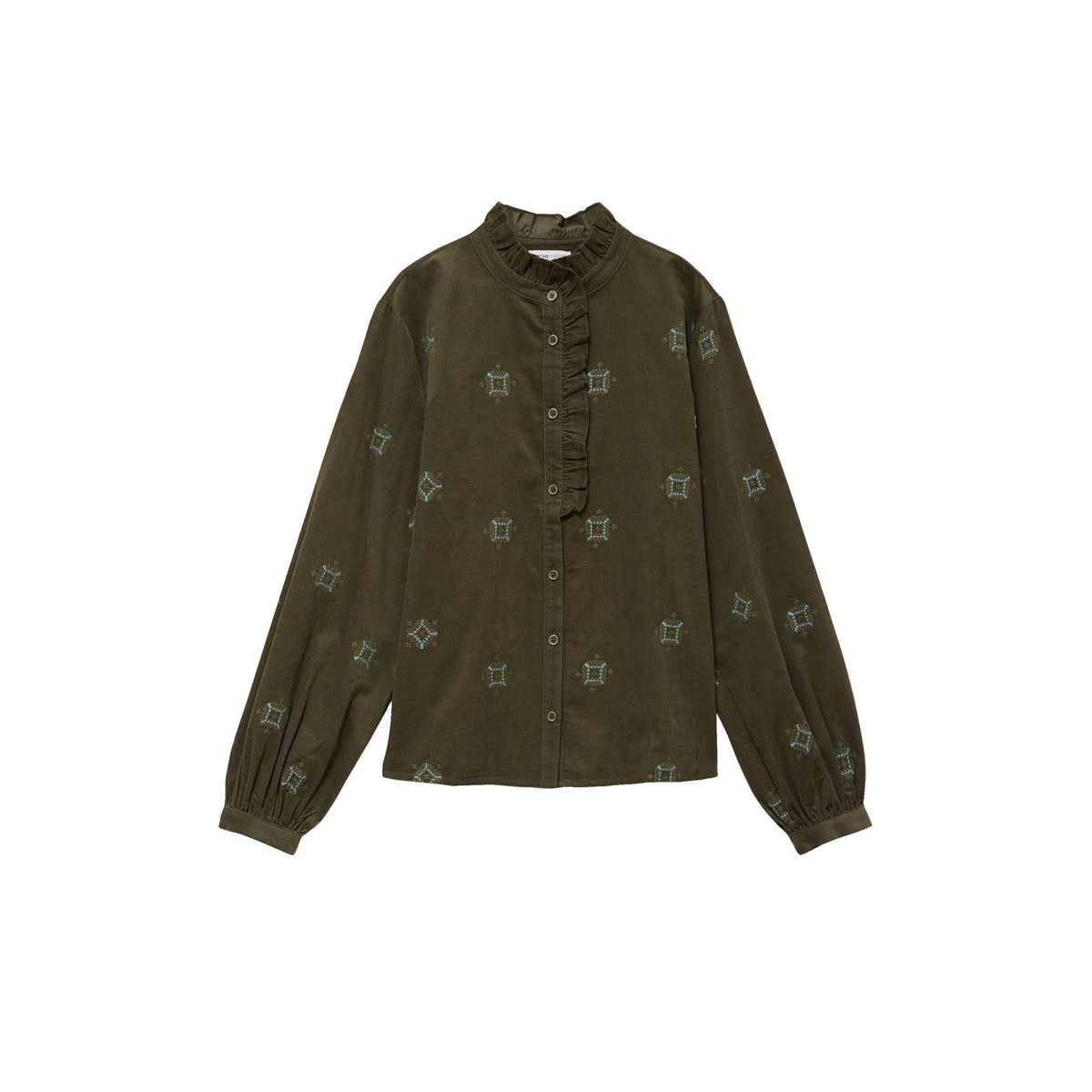 Chemise droite velours col montant vert kaki, CACHE CACHE