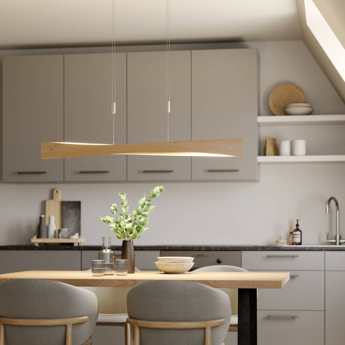 Suspension En Bois Design Led, Lian chêne naturel, nickel mat, LUCANDE