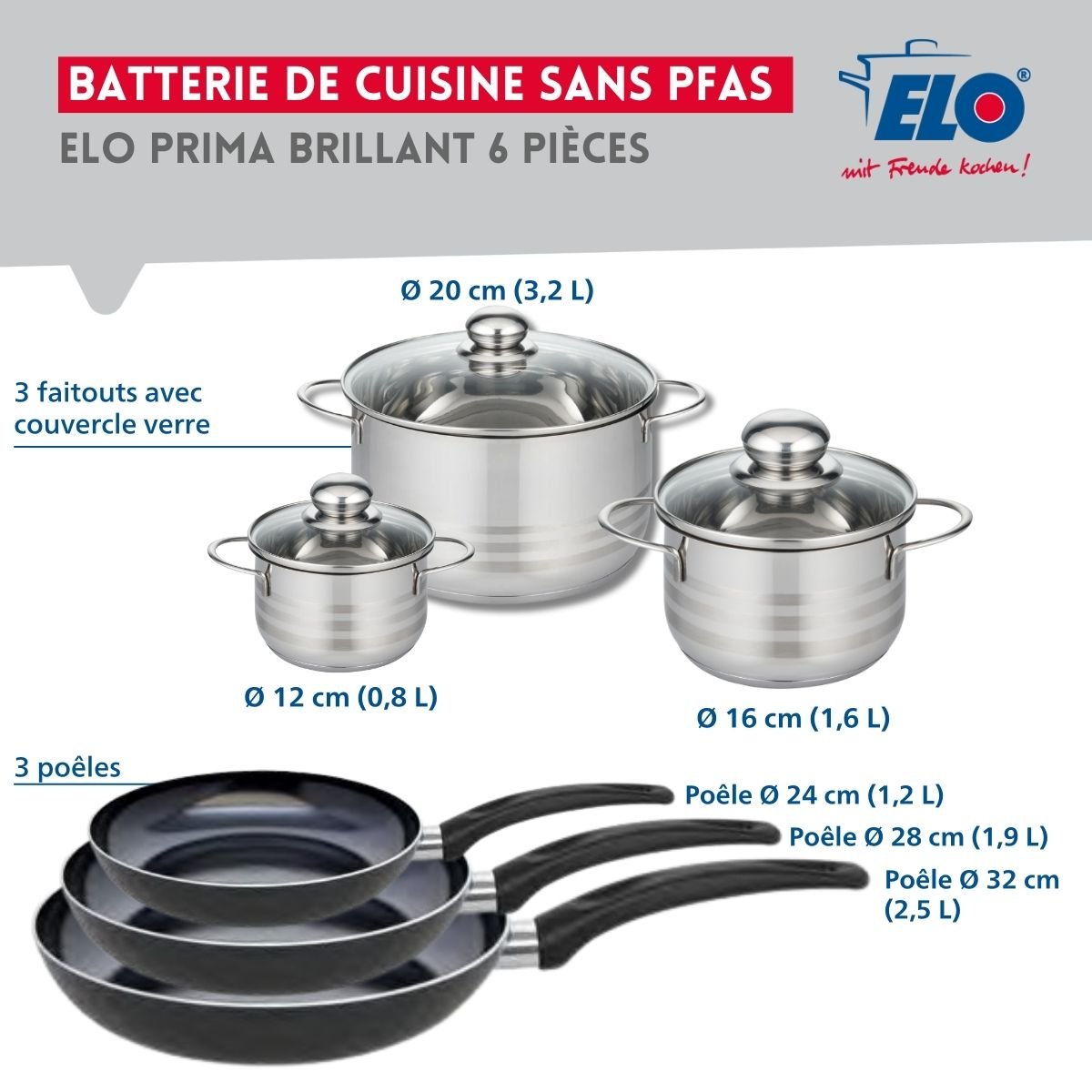 3 poêles 24/28/32cm + 3 faitouts 12/16/20cm PRIMA BRILLANT noir, ELO