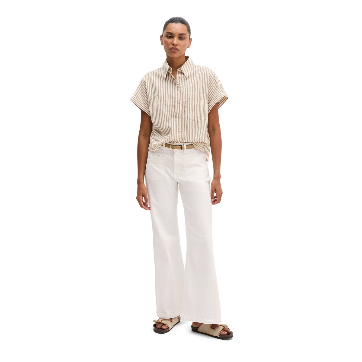Blouse rayée relaxed en voile de coton beige, MARC O'POLO